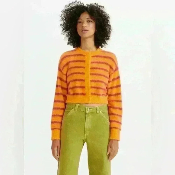 Levi's  Cat Cardigan Sweater Fuzzy Size M Orange Purple Stripes Button-up - Picture 2 of 9